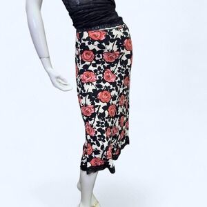 Summery black & red rose floral midi skirt with lace hem-Angie